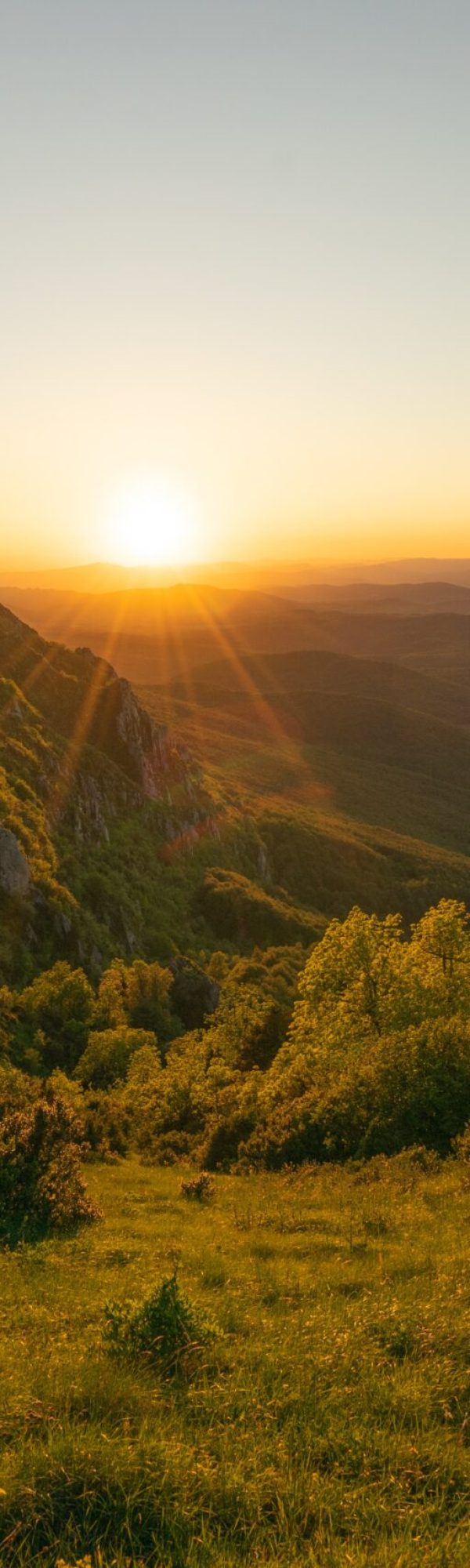 A mesmerizing shot of a green rocky hill during the beautiful sunset hour